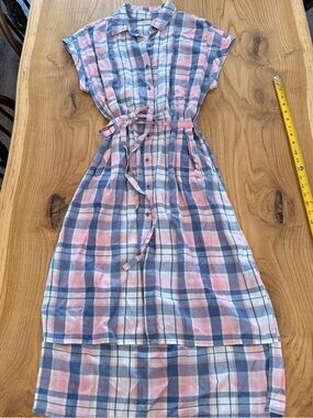 Women’s Pink & Blue Plaid Tie-Waist Midi Dress linen blend